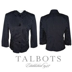 Talbots Black and White Polka Dot Cropped Blazer 3/4 Sleeve Polished Cotton Sz 8